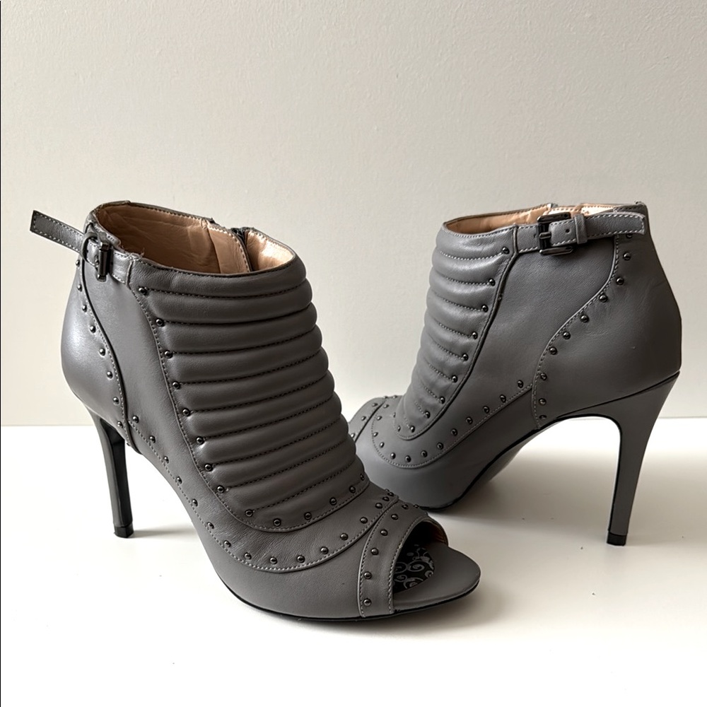 Gray Studded Heeled Ankle Boots